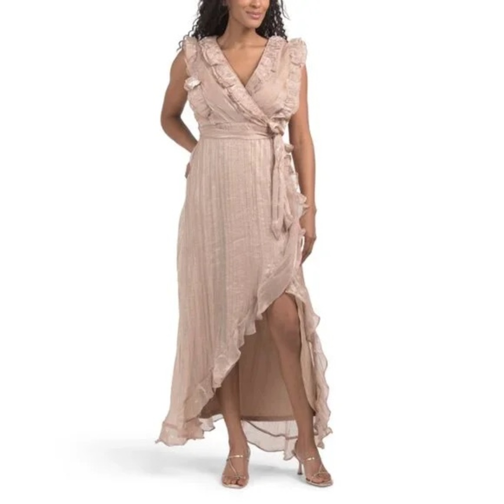 DKNY Ruffle Sash Tie Dress High Low Wrap Dress Sandalwood